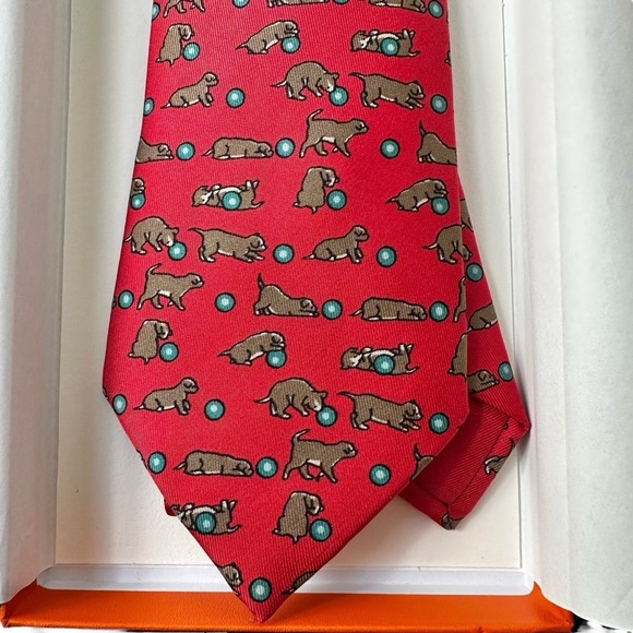 Hermes Red Puppy Dog 100% Silk Men’s Neck Tie with Box - Picture 1 of 7